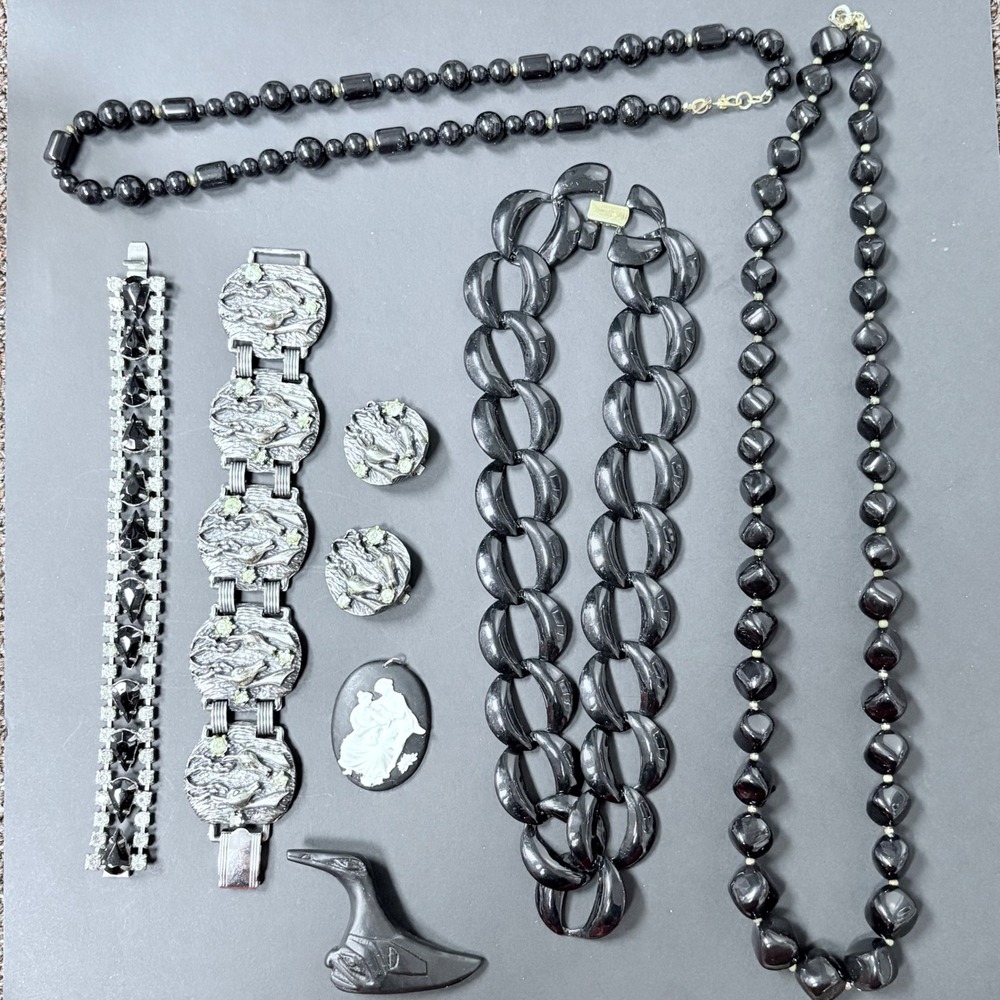 Vintage Black Jewelry Bundle | Necklaces Bracelet Brooch Earrings | Cameo Bird